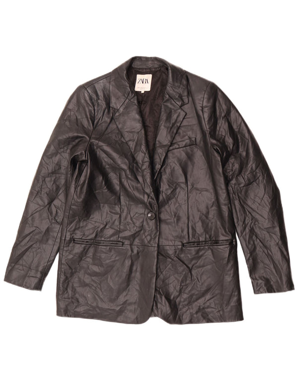 Zara Veste blazer en simili cuir à 1 bouton pour femme UK 14 Noir moyen