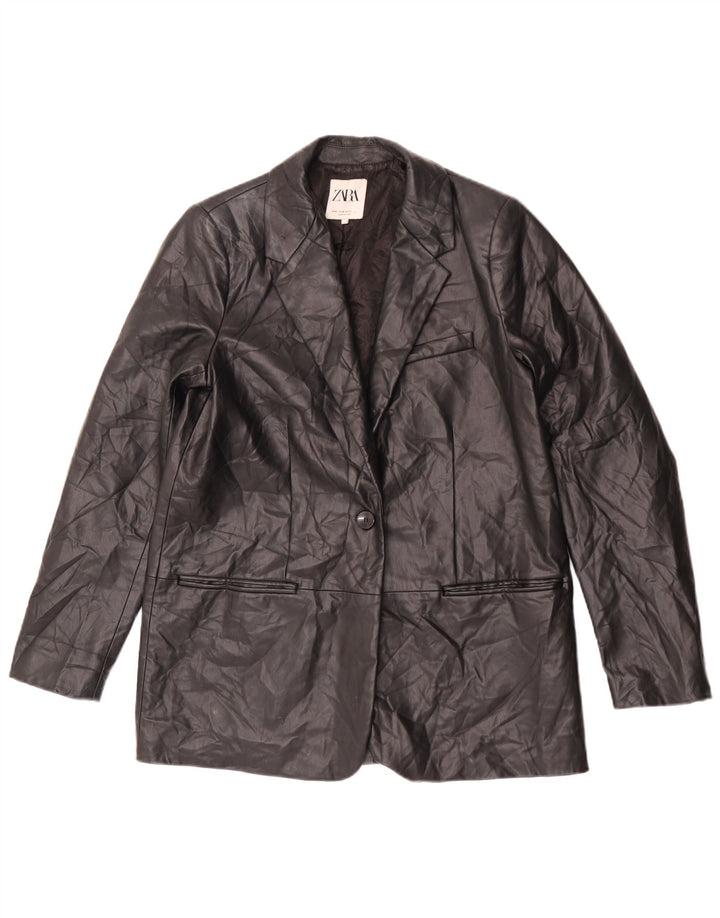 Zara Veste blazer en simili cuir à 1 bouton pour femme UK 14 Noir moyen