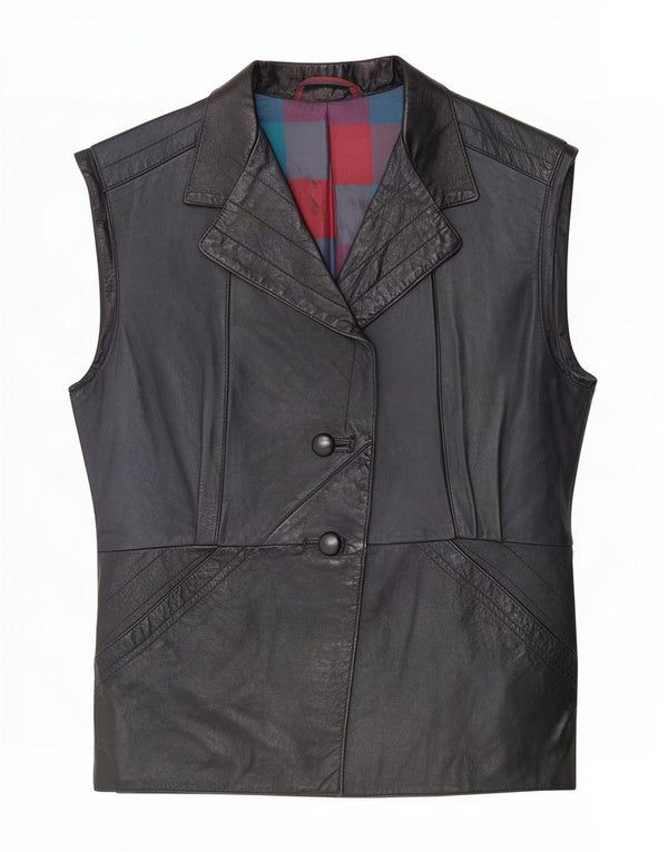 gilet en cuir femme vintage UK 14 Moyen Noir