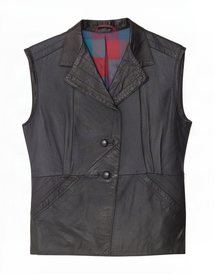 gilet en cuir femme vintage UK 14 Moyen Noir
