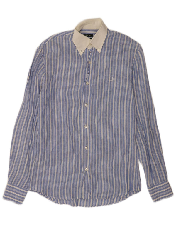 Fred Perry Mens Slim Fit Shirt Small Blue Striped Linen