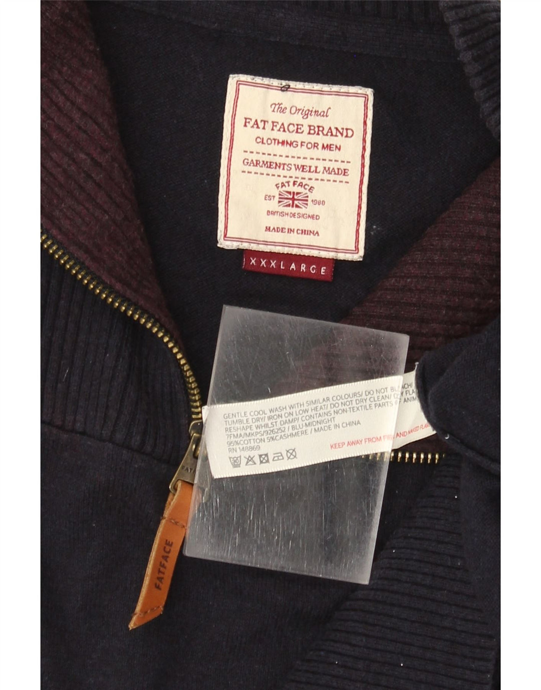 FAT FACE Pull col zippé pour homme 3XL Bleu marine Coton