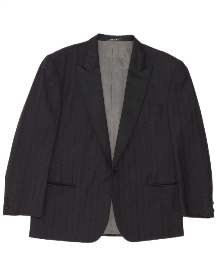 vintage Homme 1 Bouton Blazer Veste IT 54 2XL Bleu Marine Rayé Laine Vierge