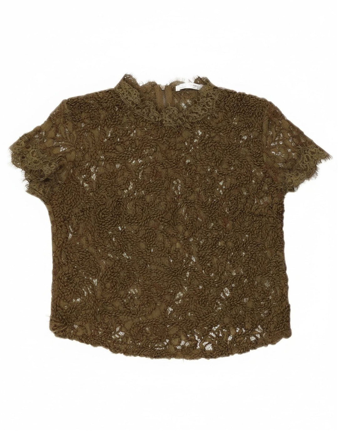 Zara Womens Lace See Through Blouse Top UK 8 Petit Kaki