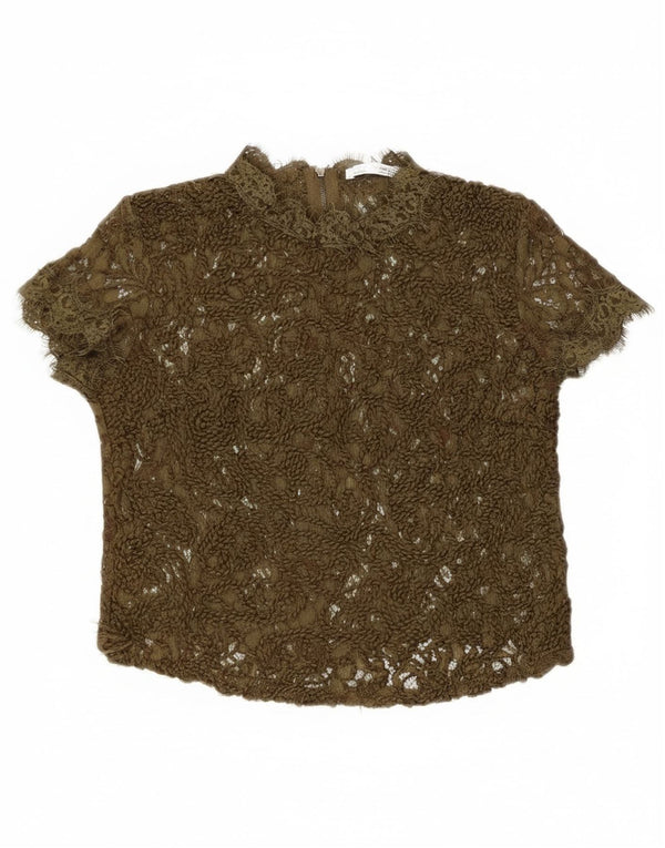 Zara Womens Lace See Through Blouse Top UK 8 Petit Kaki