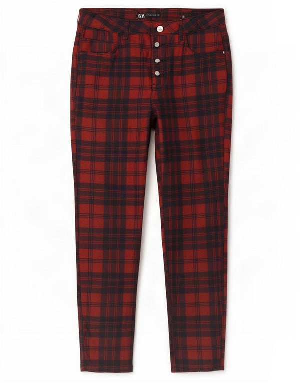 Zara Pantalon décontracté slim pour femme EU 42 Large W32 L27 Coton à carreaux rouge