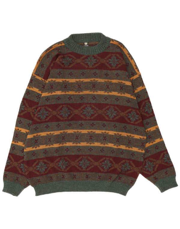 vintage Mens Crew Neck Jumper Pull XL Multicolore Fair Isle Acrylique