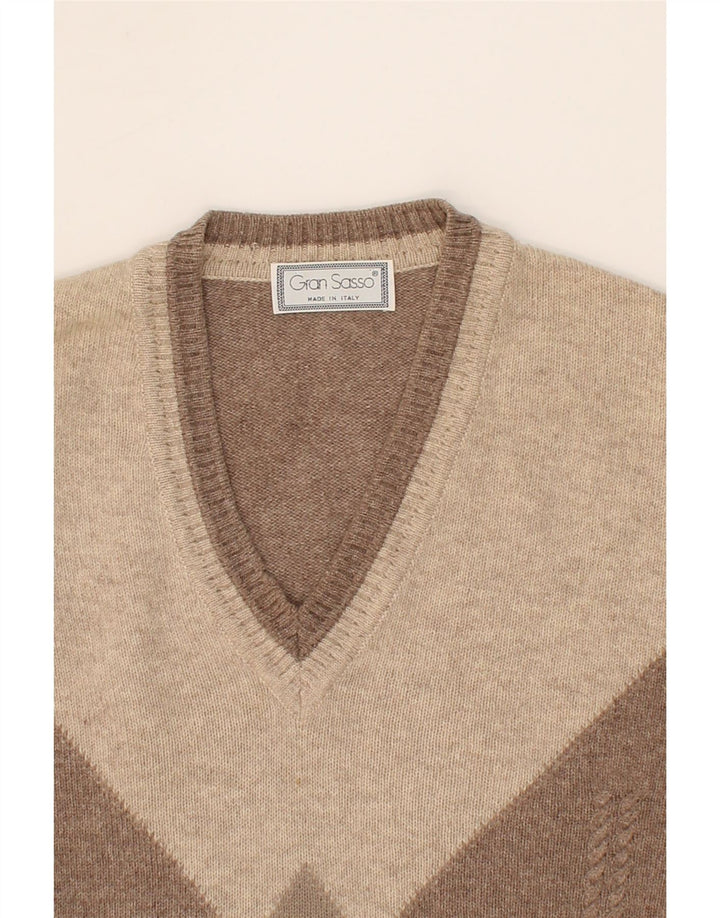GRAN SASSO Pull col V pour homme en laine marron à losanges/diamants