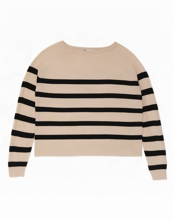 Zara Pull court à col bateau pour femme UK 14 Medium Off White Rayé