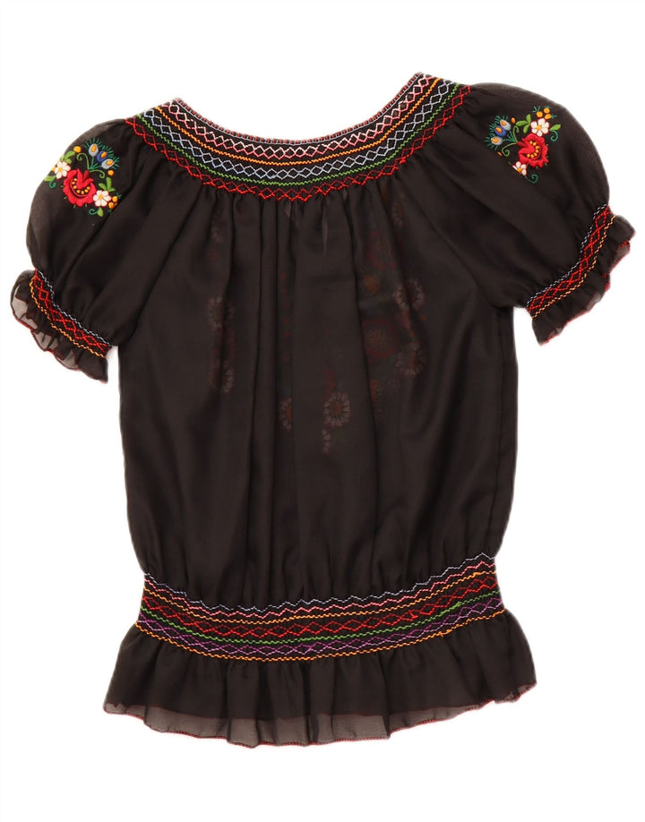 VINTAGE Femmes Voir à travers Blouse Top UK 16 Grand Noir Floral