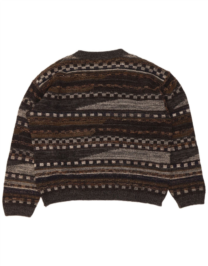 vintage Mens V-Col Jumper Pull Grande Laine Géométrique Grise