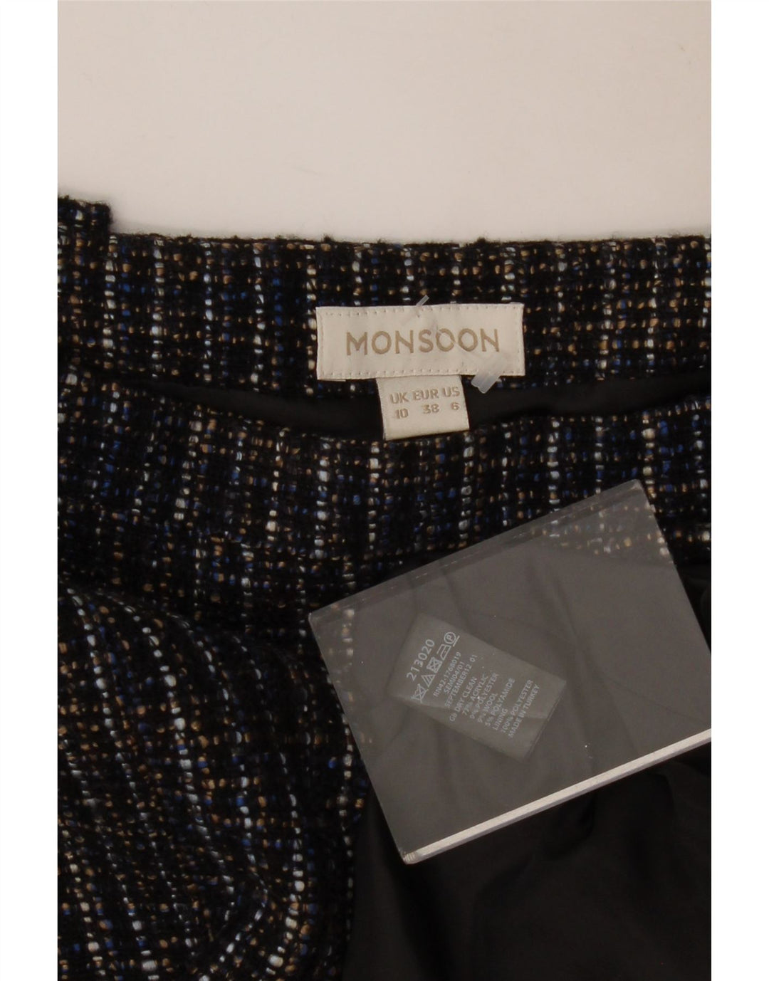 MONSOON Mini jupe femme UK 10 Small W30 bleu marine moucheté polyester