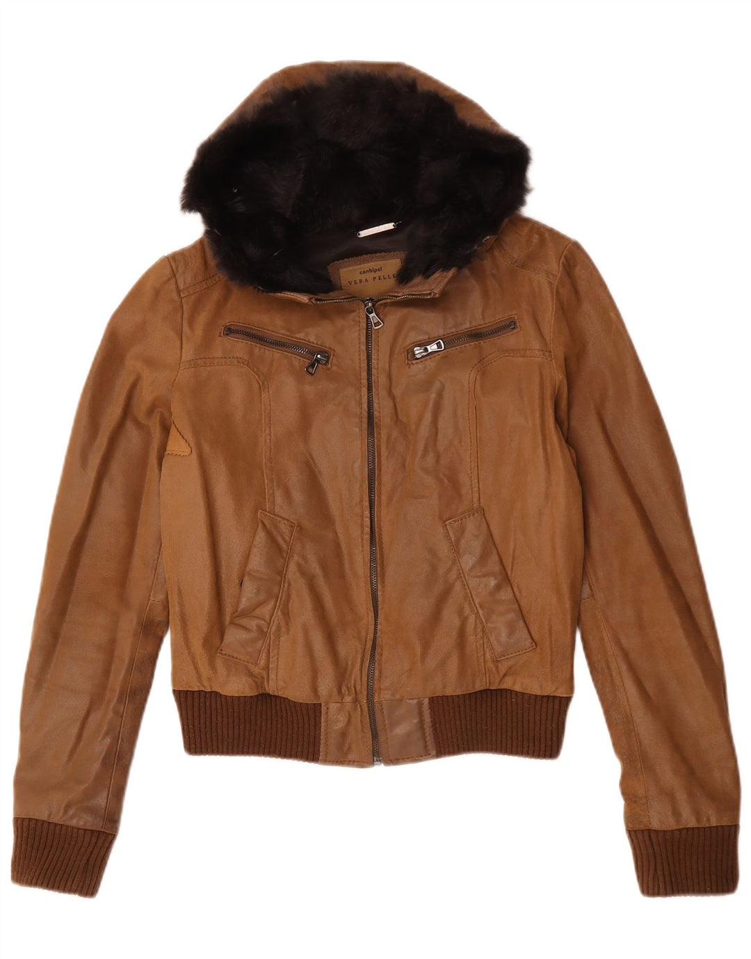 Conbipel Veste en Cuir à Capuche Femme IT 42 Cuir Marron Moyen