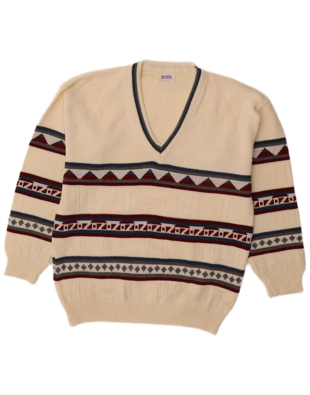 VINTAGE Homme Col V Pull Pull Grand Acrylique Géométrique Blanc