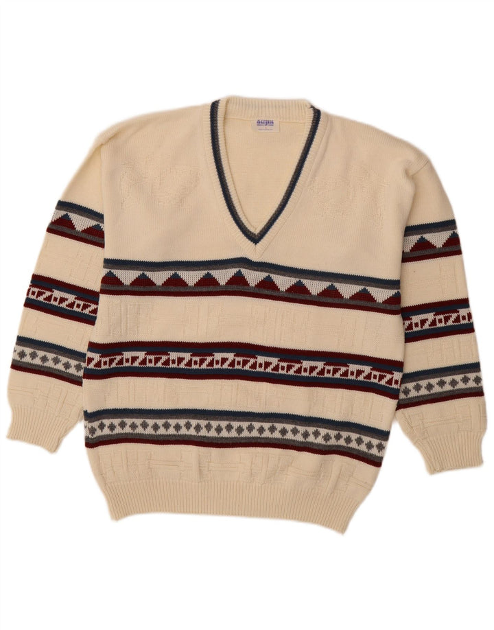 VINTAGE Homme Col V Pull Pull Grand Acrylique Géométrique Blanc