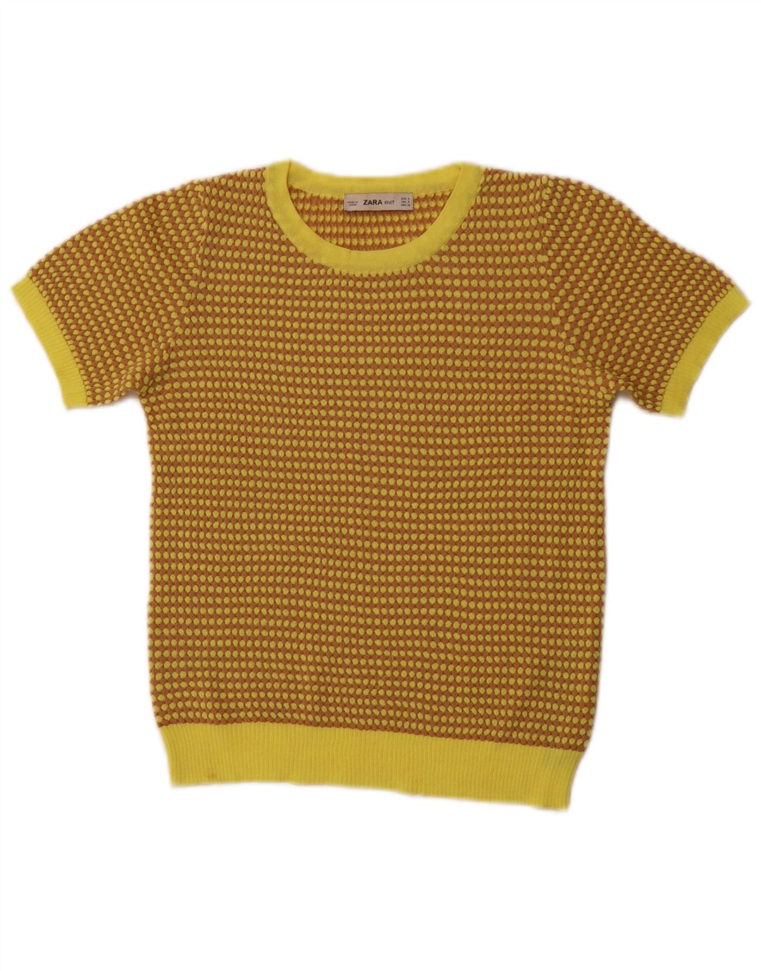 ZARA Pull court à col rond pour femme UK 8 Petit Jaune Géométrique