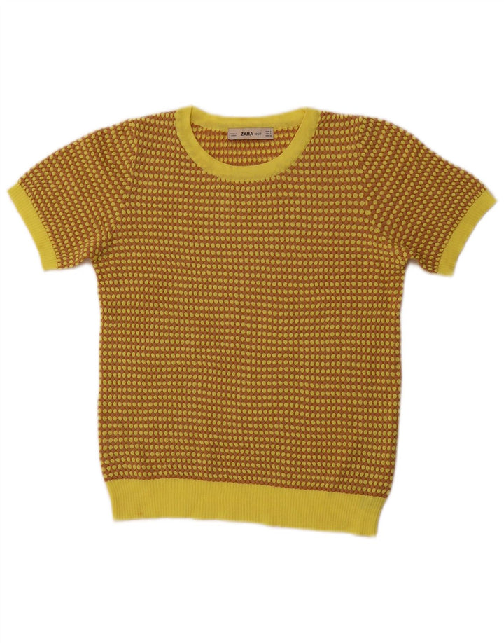 ZARA Pull court à col rond pour femme UK 8 Petit Jaune Géométrique