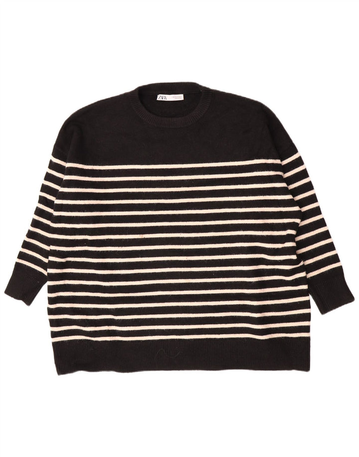 Zara Pull surdimensionné à col rond pour femme UK 14 Medium Noir Rayé
