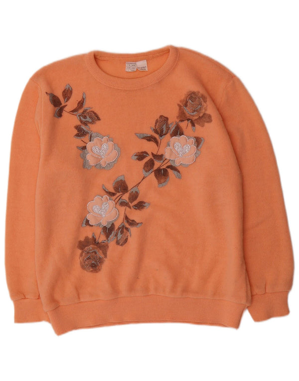 vintage Femme Graphique Col Bateau Pull Pull Royaume-Uni 18/20 XL Orange Floral