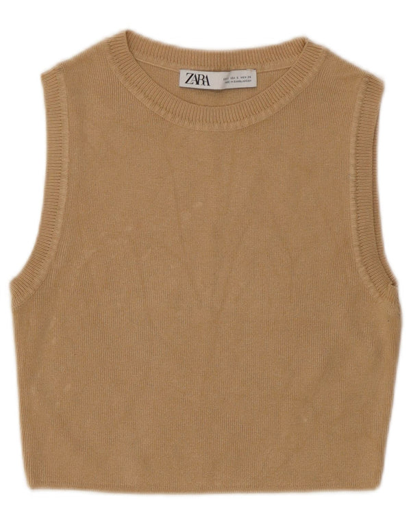 Zara Womens Crop Vest Débardeur UK 8 Small Beige Viscose