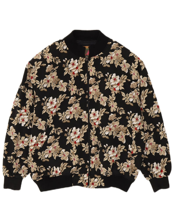 vintage Femme Loose Fit Bomber Jacket UK 14 Moyen Noir Floral Polyester