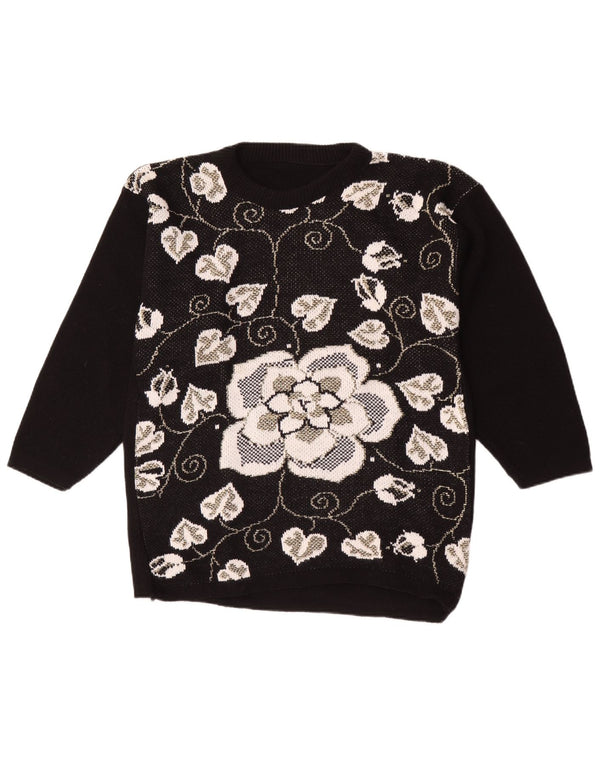 vintage Womens Crew Neck Jumper Pull UK 16 Grand Noir Floral