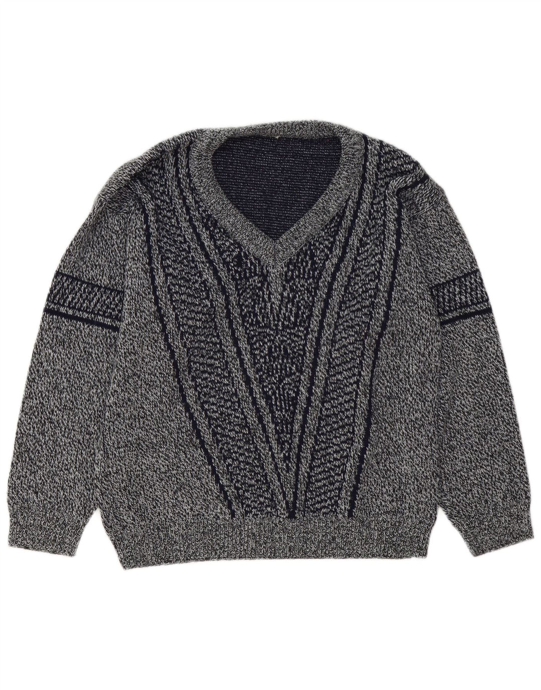 vintage Homme Col V Pull Pull Moyen Bleu Marine Rayé