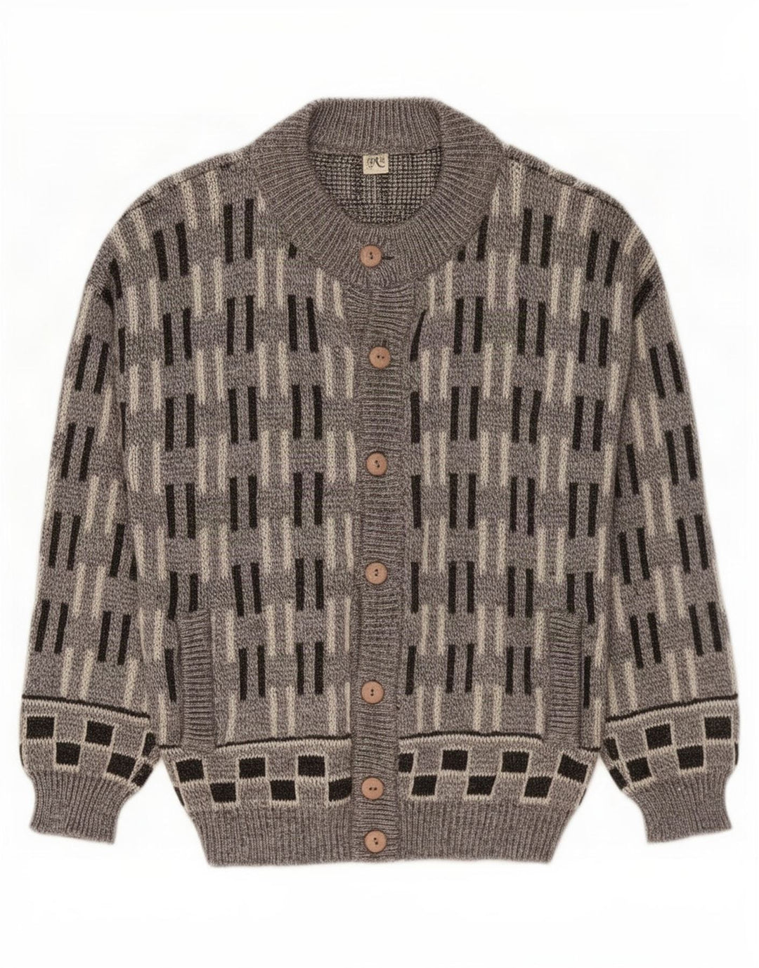 vintage Mens Cardigan Sweater Grande laine géométrique grise