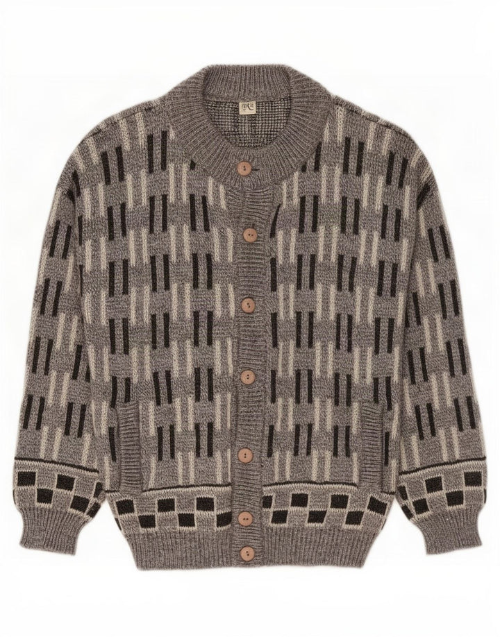 vintage Mens Cardigan Sweater Grande laine géométrique grise