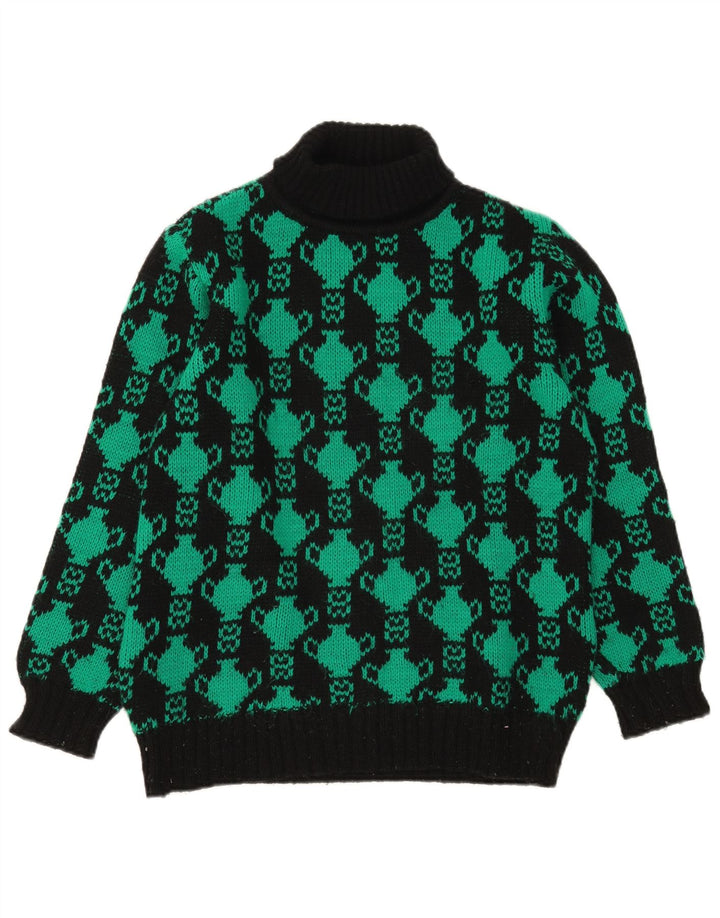 vintage Femmes Motif Abstrait Roll Neck Jumper Pull UK 12 Moyen Noir