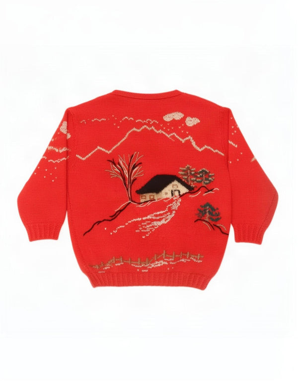 vintage Womens Graphic Boat Neck Jumper Pull UK 16 Grand Rouge