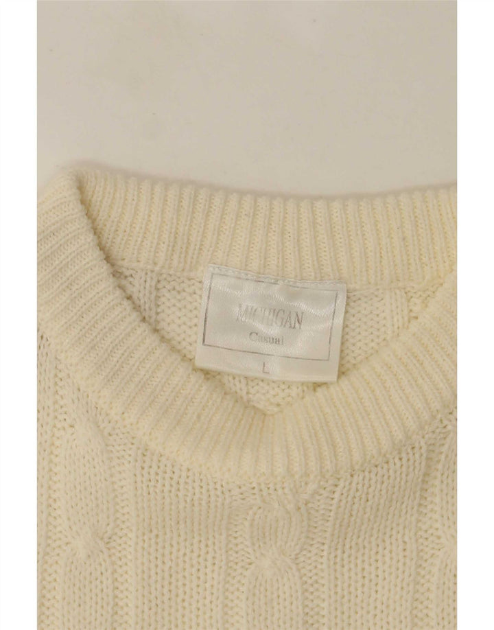 vintage Mens Crew Neck Jumper Pull Grand Off White Acrylique