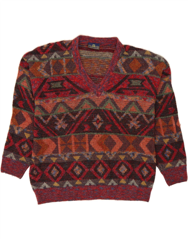 FIUME Mens V-Neck Jumper Sweater IT 50 Medium Red Geometric Vintage Fiume and Second-Hand Fiume from Messina Hembry 