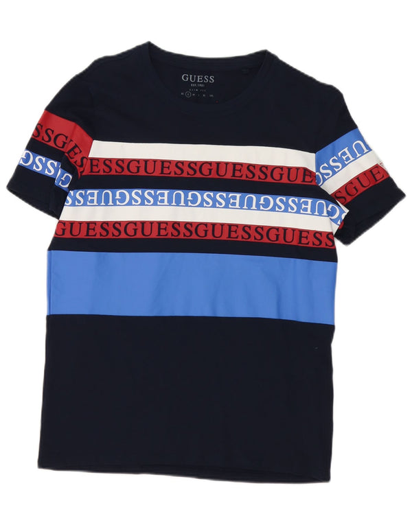 Guess T-shirt graphique coupe slim pour homme, petit, bleu marine, en coton color block