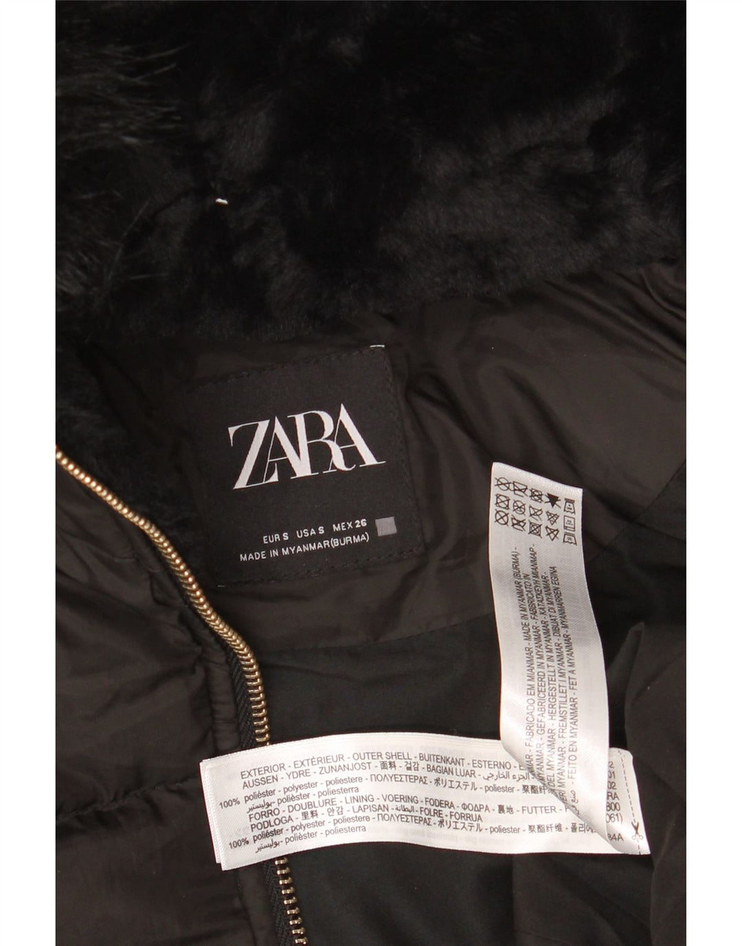 Zara Veste matelassée à capuche pour femme UK 10 Small Noir Polyester