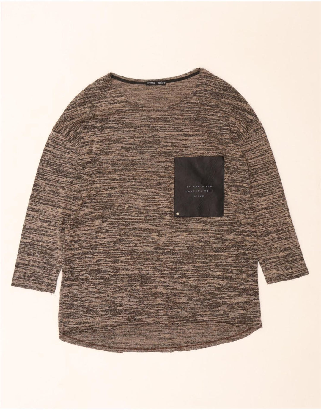 Zara Femme Top Manches 3/4 UK 12 Marron Moyen Moucheté
