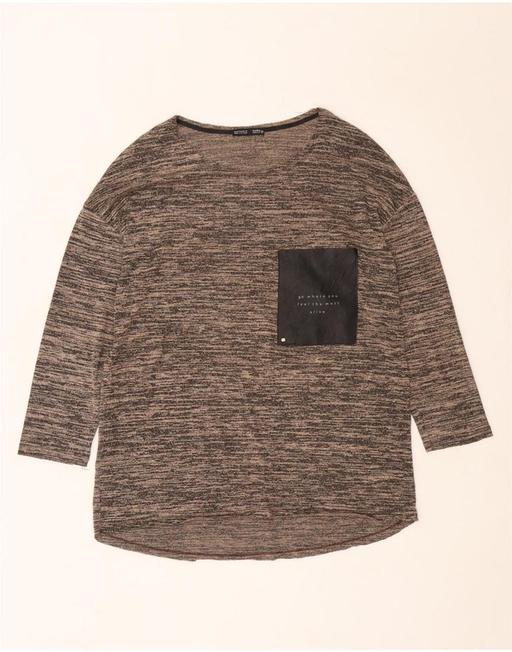 Zara Femme Top Manches 3/4 UK 12 Marron Moyen Moucheté