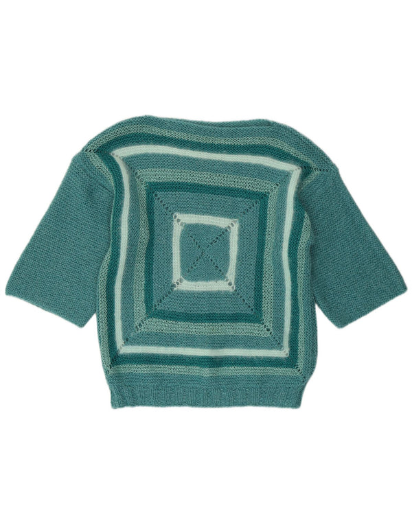 vintage Womens Boat Neck Jumper Pull UK 14 Moyen Vert Géométrique
