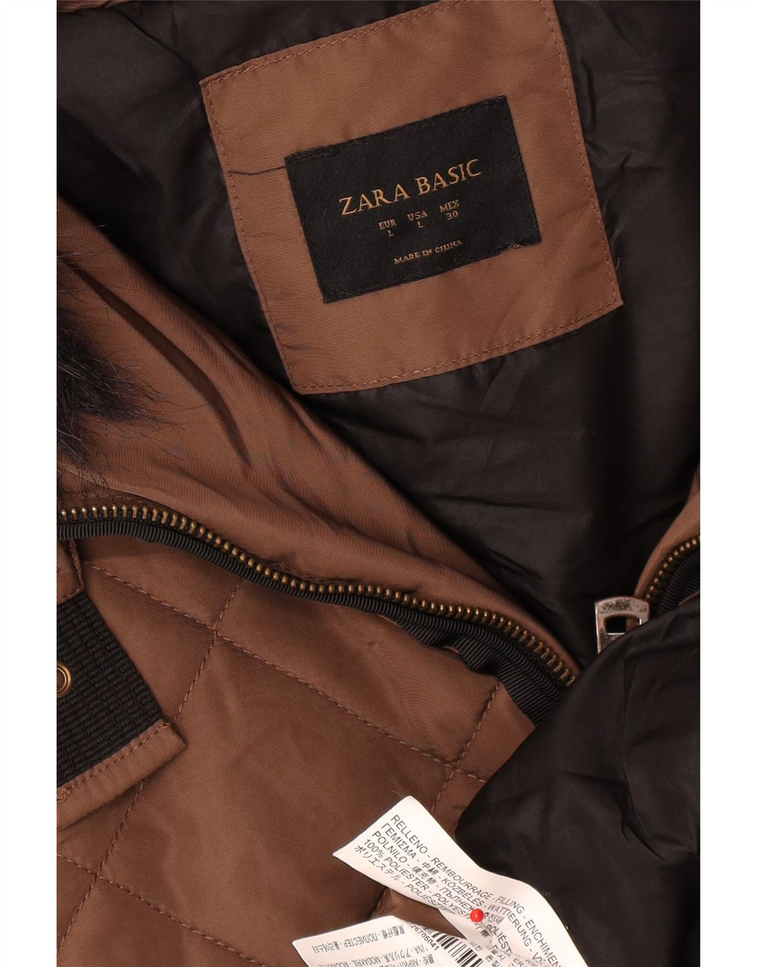 Zara Manteau rembourré à capuche pour femme UK 16 Large Marron Polyester