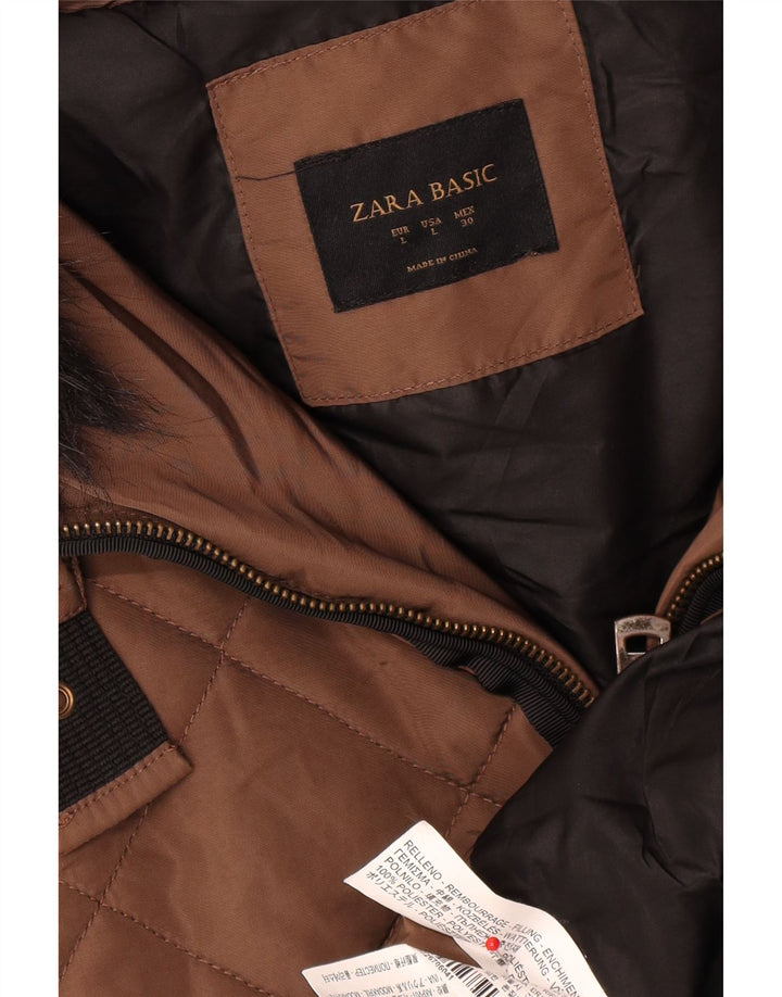 Zara Manteau rembourré à capuche pour femme UK 16 Large Marron Polyester