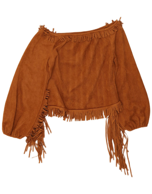 vintage Femmes Crop Off Épaule Top UK 12 Polyester Marron Moyen