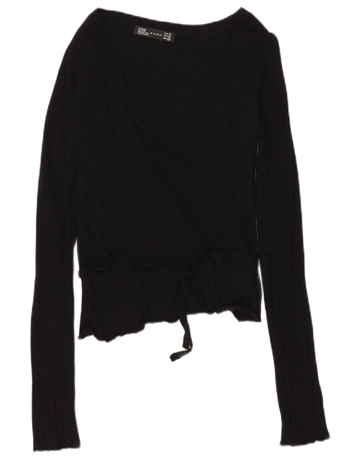 Zara Womens Top Manches Longues UK 14 Large Rayonne Noire