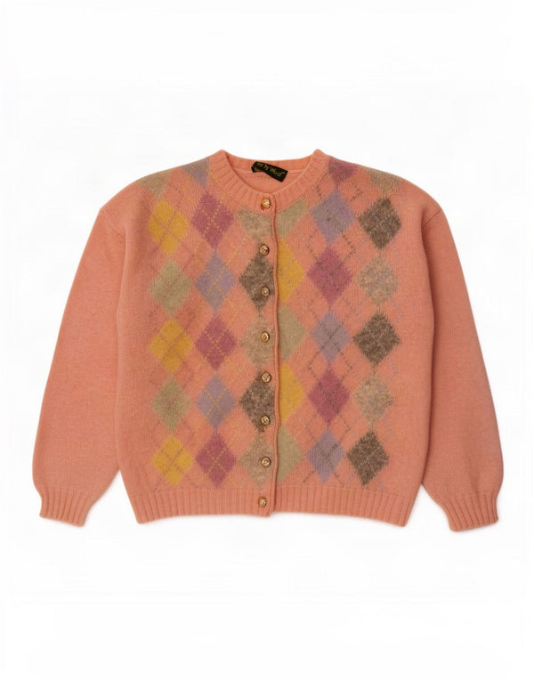 vintage Femme Cardigan surdimensionné Pull UK 14 Moyen Rose Argyle/Diamant