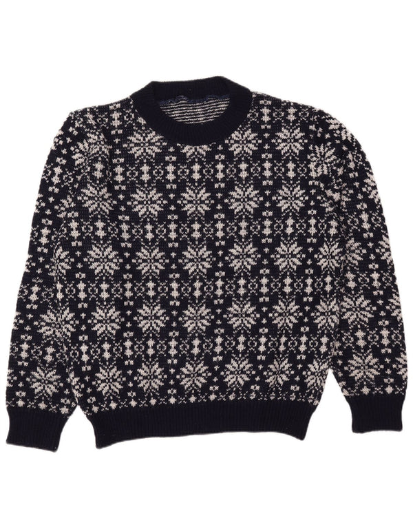 vintage Mens Crew Neck Jumper Pull Grand Bleu Marine Fair Isle