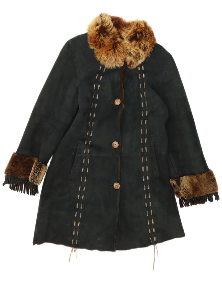 manteau en peau de mouton vintage femme UK 12 Vert moyen