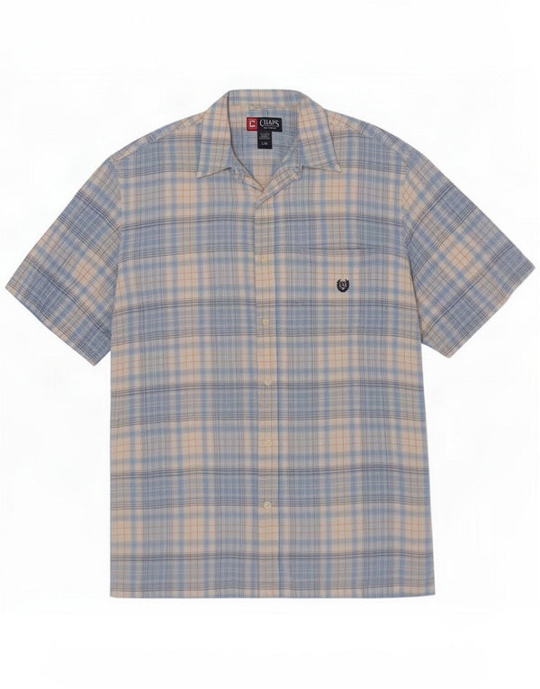 Chaps Chemise à manches courtes pour homme en lin à carreaux bleus larges