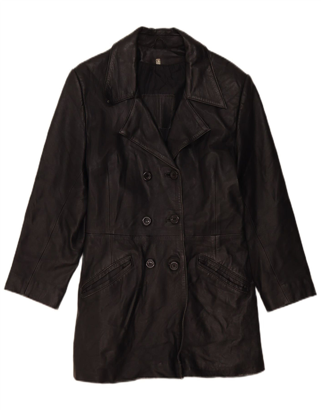 VINTAGE Manteau en cuir femme UK 14 Grand cuir noir