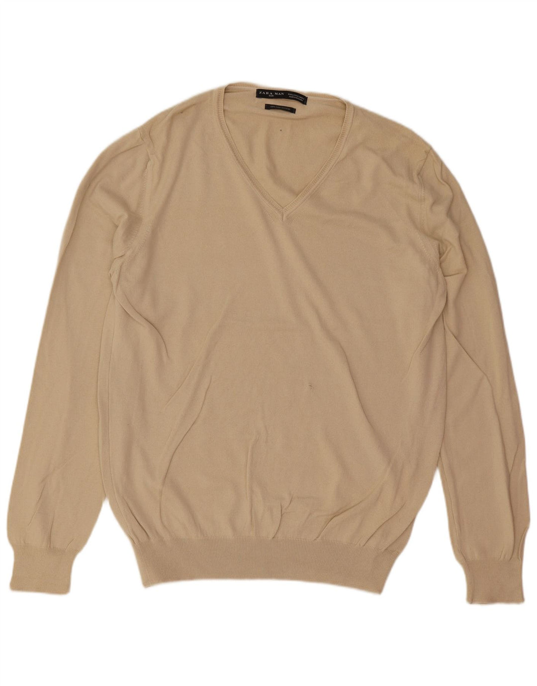 Zara Pull col V pour homme en coton beige Large