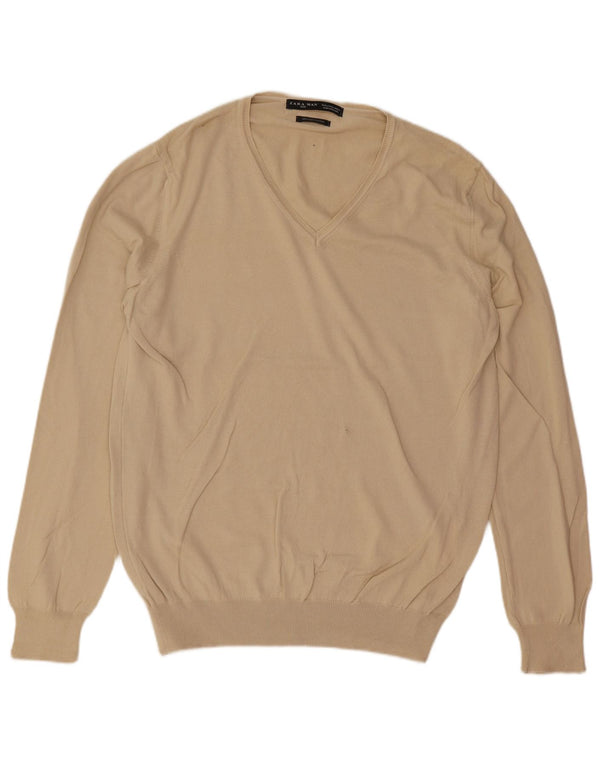 Zara Pull col V pour homme en coton beige Large