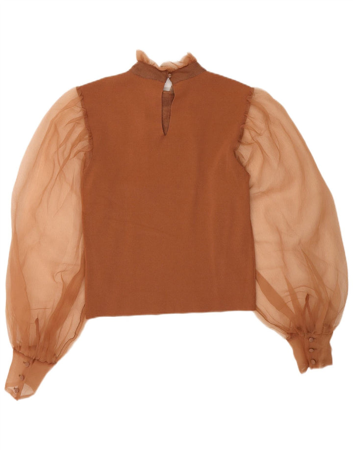 Zara Womens Ruffle Front Blouse Top UK 8 Petit Nylon Marron